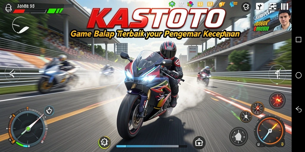 Screenshot gameplay KASTOTO menampilkan balapan motor yang menegangkan.